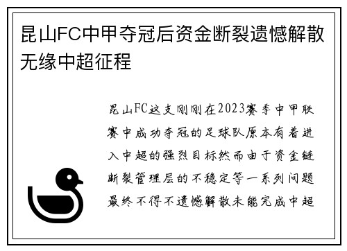 昆山FC中甲夺冠后资金断裂遗憾解散无缘中超征程 昆山FC中甲夺冠后资金断裂遗憾解散无缘中超征程